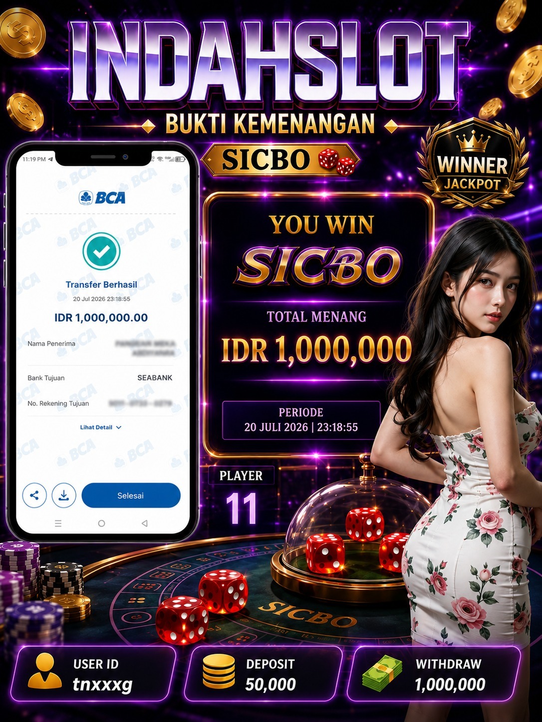 INDAHSLOT CASINO SICO  Rp. 1,000,000,- LUNAS