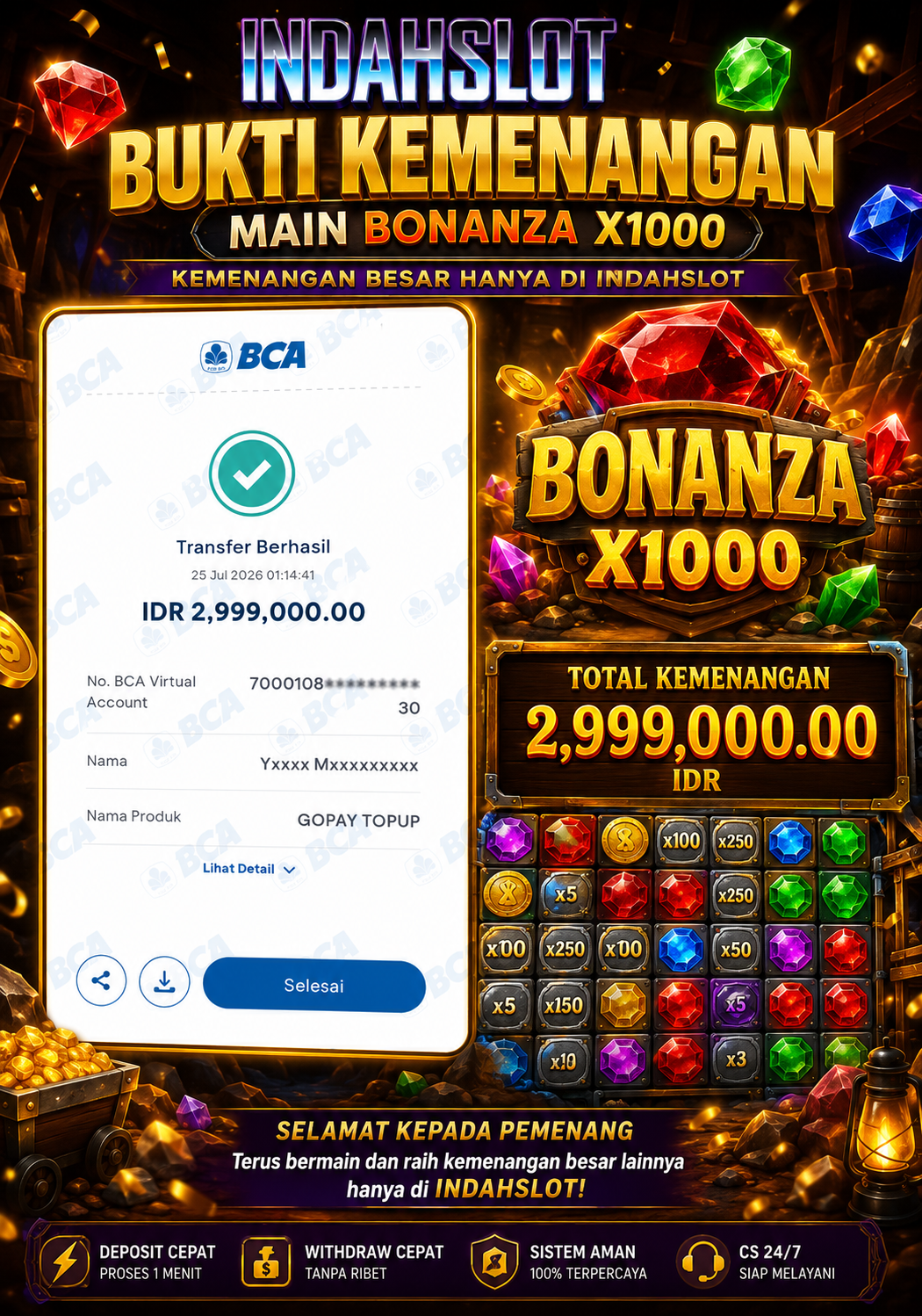 INDAHSLOT , BONANZA X1000 PRAGMATICK , 2.999.000