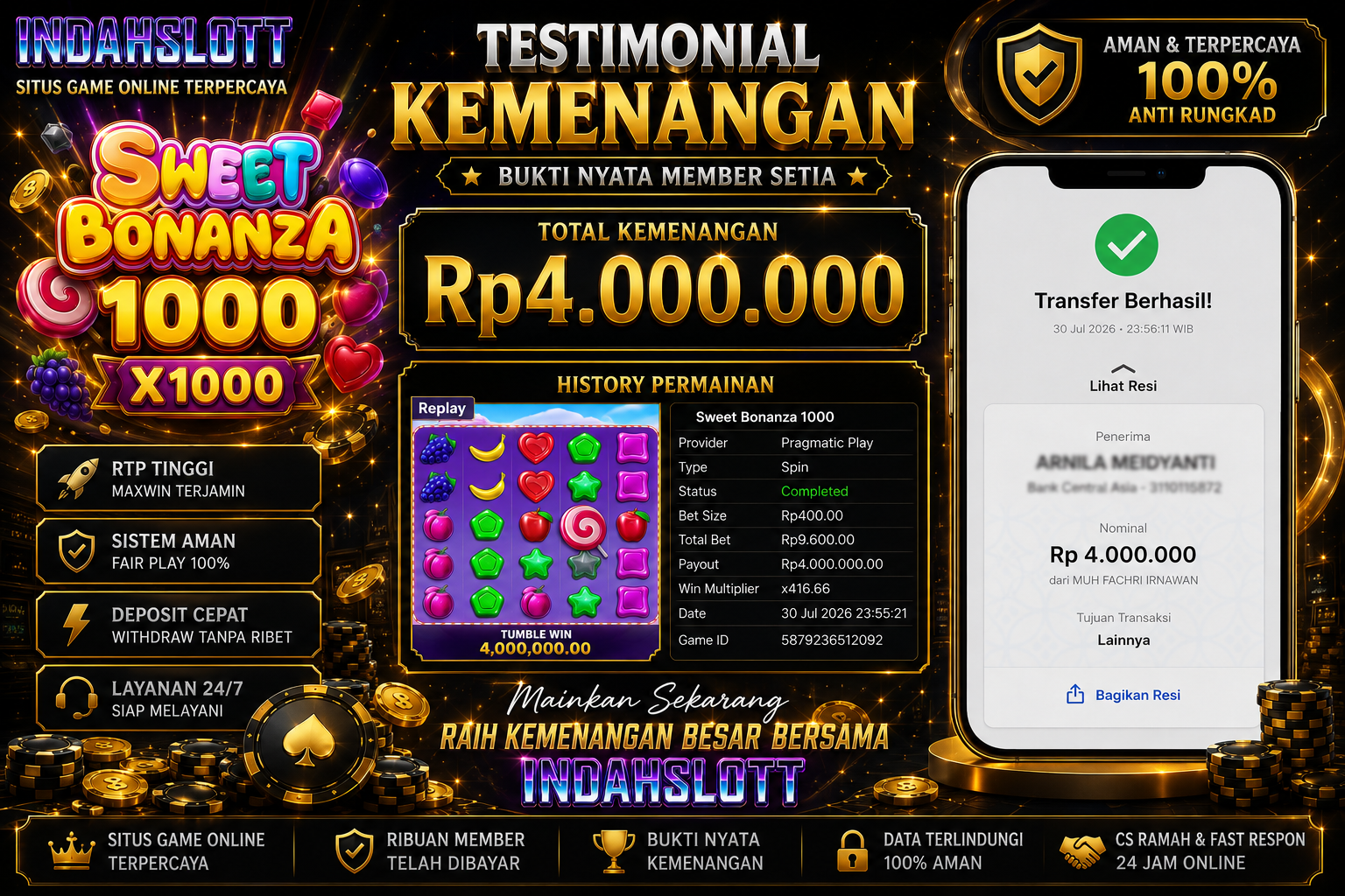 INDAHSLOT PRAGMATICK BONANZA X1000 RP. 4.000.000,- LUNAS