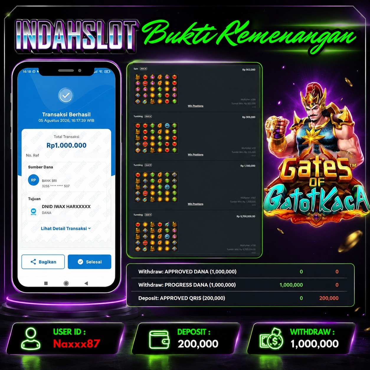INDAHSLOT GATES OF GATOT KACA  Rp .1,000,000,- LUNAS